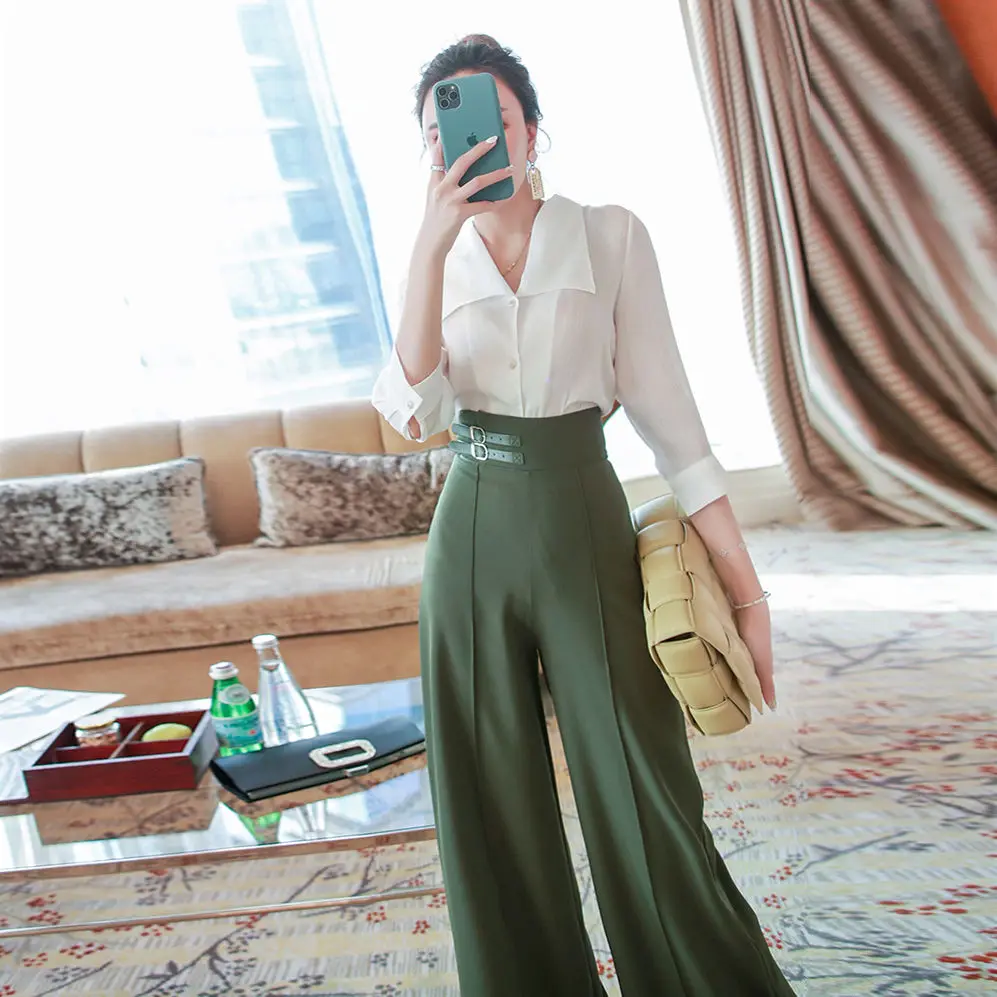 Wide Leg Ladies Trouser Shirt Summer 2024 Party Women's Blouse and Pants Two Piece Set Casual Elegant Full Chic Korea Stylish D