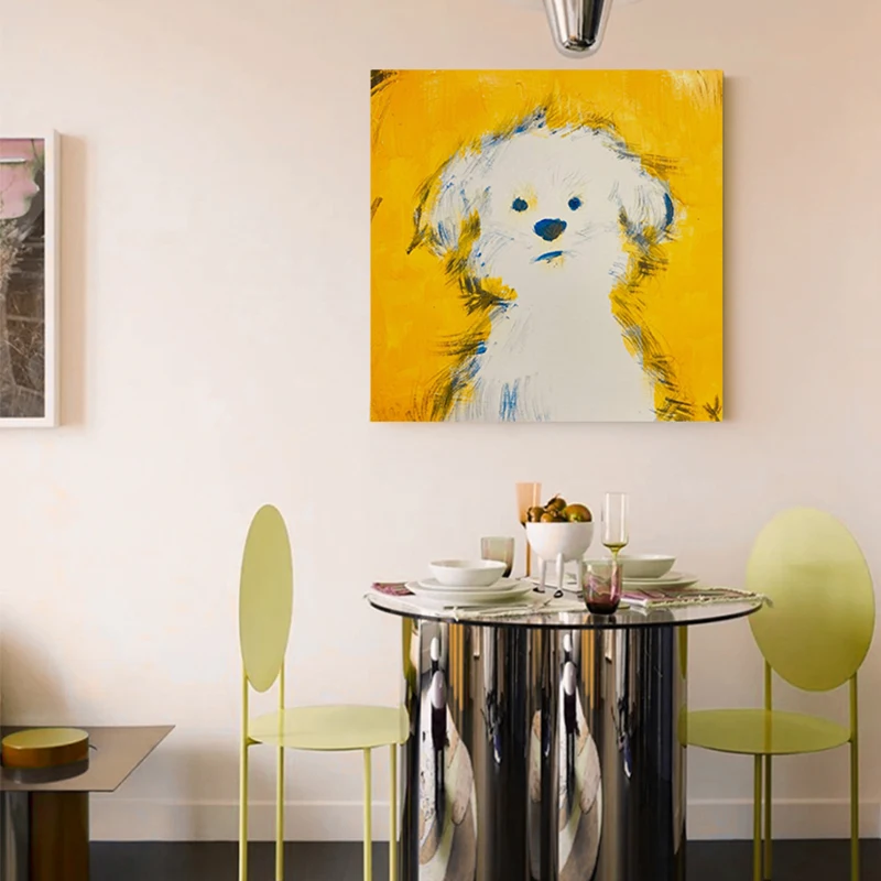 Cute White Fluffy Bichon Frise Puppy Canvas Wall Art, Minimalist Light Green Background Dog Portrait Print Poster, Modern Animal