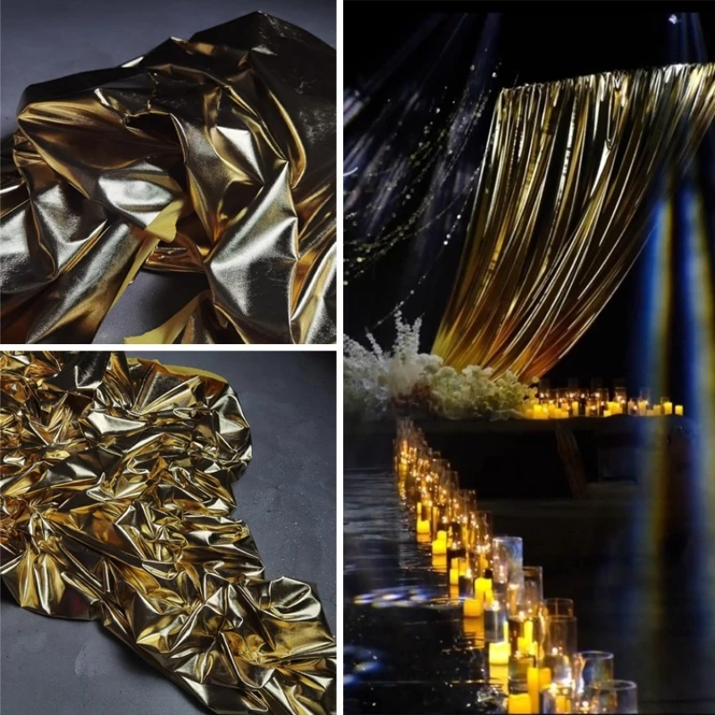 

Golden Reflective Leather Fabric for Live Stream DIY Sewing Stage Background Decoration Design Cloth By The Meter Material