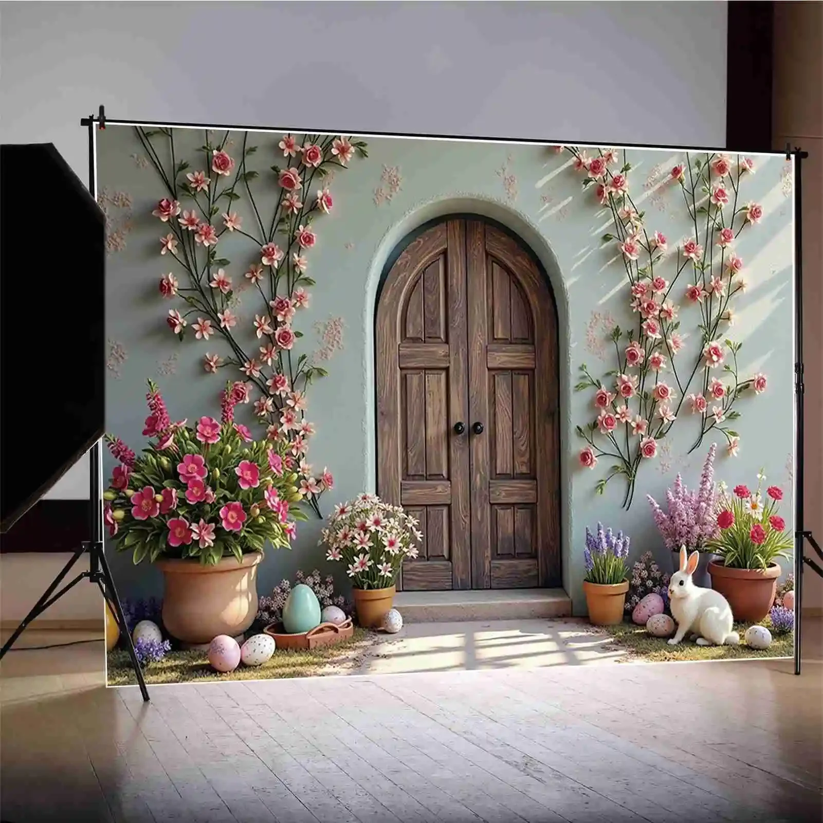 MOON.QG 행복한 부활절 토끼 사진 배경, 숲 집, 다채로운 계란 포토존 배경, 어린이 스튜디오 포토부스 소품