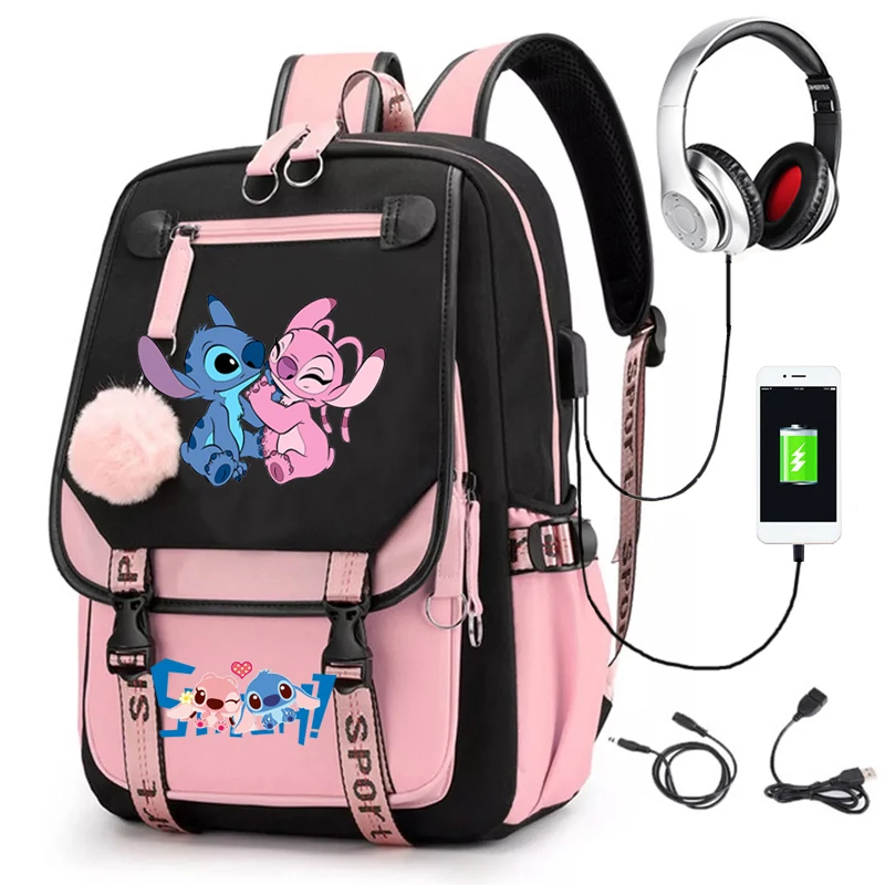 Lilo & Stitch Backpacks USB Waterproof Patchwork Lightweight Bagpack Capacity Laptop School Bags Teenage Travel Bag