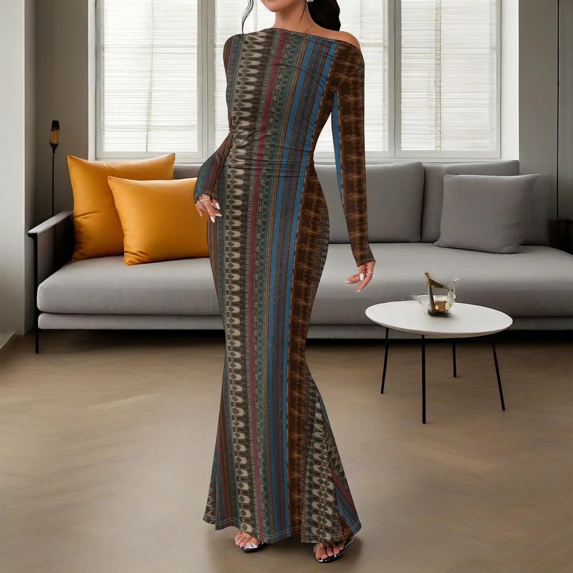 

African Style Off Shoulder Bodycon Maxi Dress for Women Long Sleeve Tribal Print Elegant Evening Party Dress XS-3XL