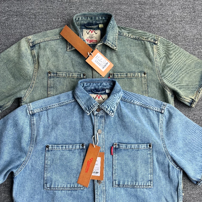 215# Summer American Retro Short Sleeve Lapel Double Pocket Denim Cargo Shirt Men's Amekaji 100% Cotton Washed Casual Loose Tops