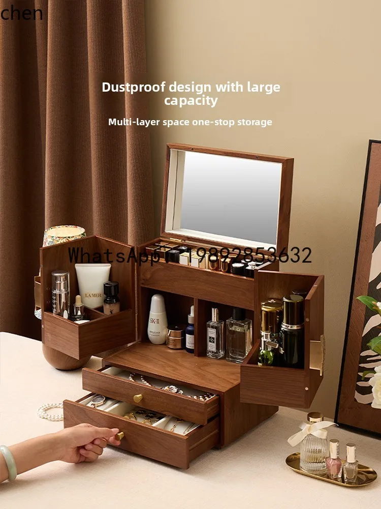 wooden cosmetics storage box with mirror integrated dustproof storage box