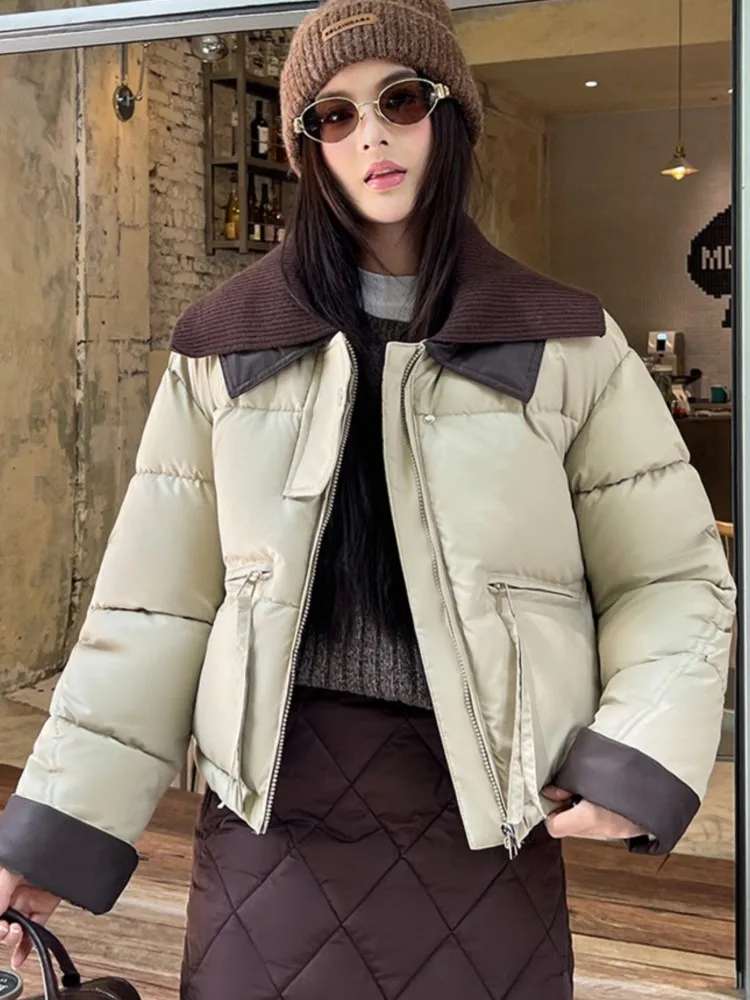 

Winter Korean Style Fashion Short Padded Puffer Coat For Woman Knit PU Patchwork Turn Down Collar Coats Casual Female Outerwear