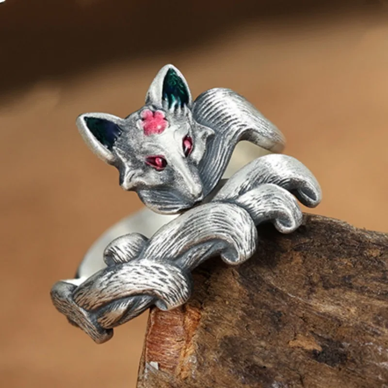 

Buyee 925 Sterling Silver Female Ring Elegant Fox Animal Open Ring Finger for Women Fashion Big Fine Jewelry Circle Gift