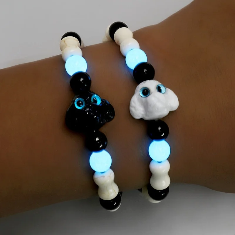 Cute Big Eye Cat Dog Luminous Bracelets for Women Men Cartoon Animal Beaded Hand Chain Friendship Couple Bracelet Jewelry Gifts