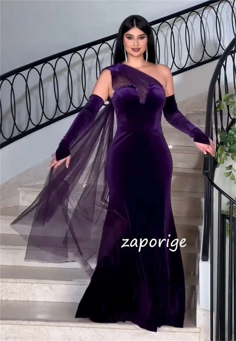 Customized Sparkle Velour Sequined Trumpet One-shoulder Long Dresses Bespoke Occasion Quinceanera Classic Formal