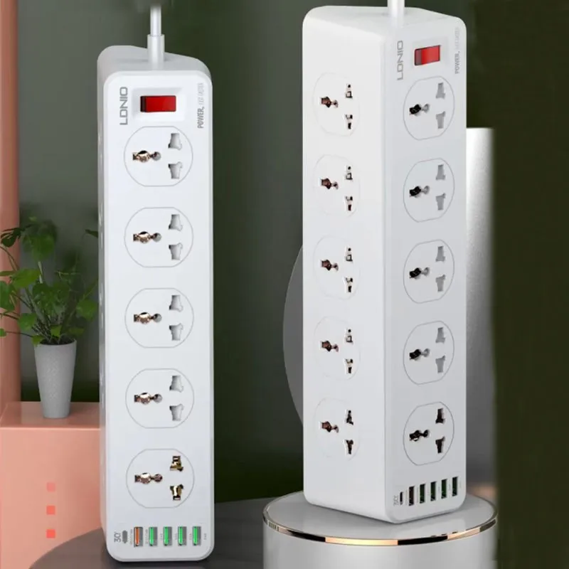 

New Design UK EU US Power Strip with 10 Universal Socket Bar 4 USB Port 1 Fast Charger PD Type C Port Multi Function Strip