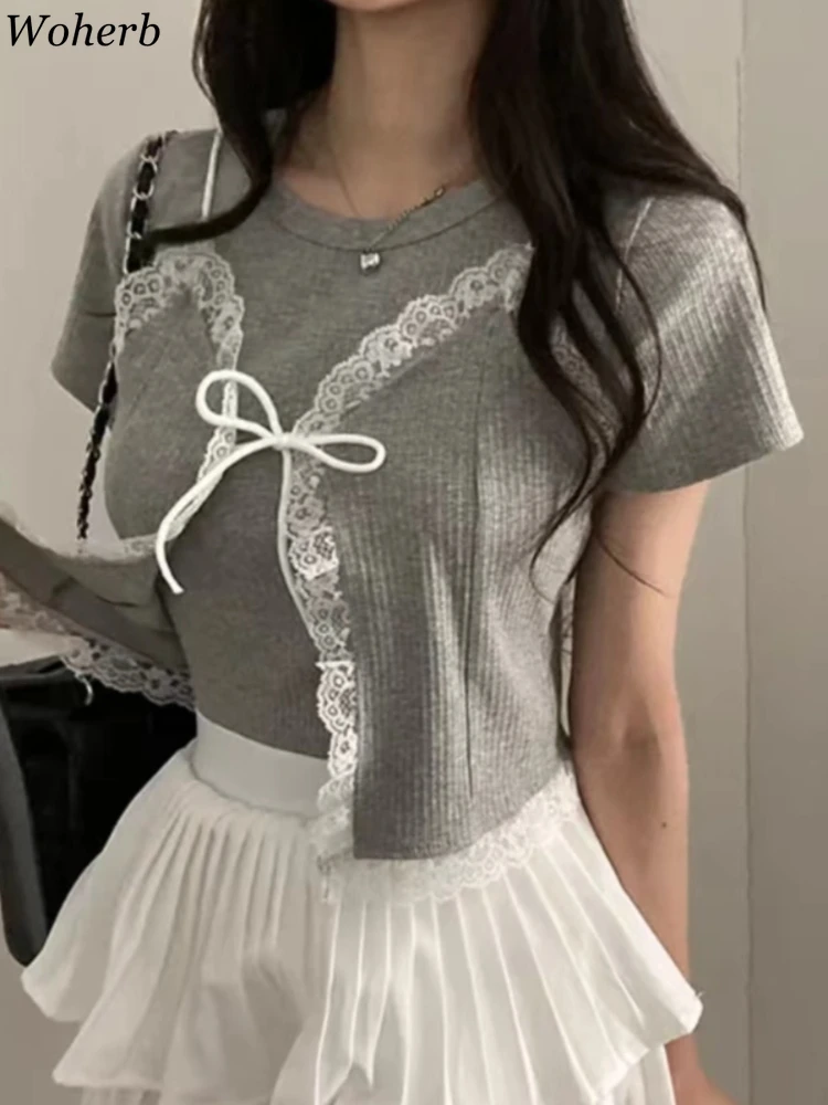 Chic Fake Two Tshirts Women Patchwork Lace Tunic Tees 2024 Ropa Mujer Bandage O-neck Short Sleeve Crop Tops Sweet Korean T Shirt