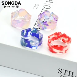 Fashion New Colorful Marble Pattern Transparent Acrylic Rings Open Adjustable Irregular Wave Resin Rings For Women Girls Jewelry