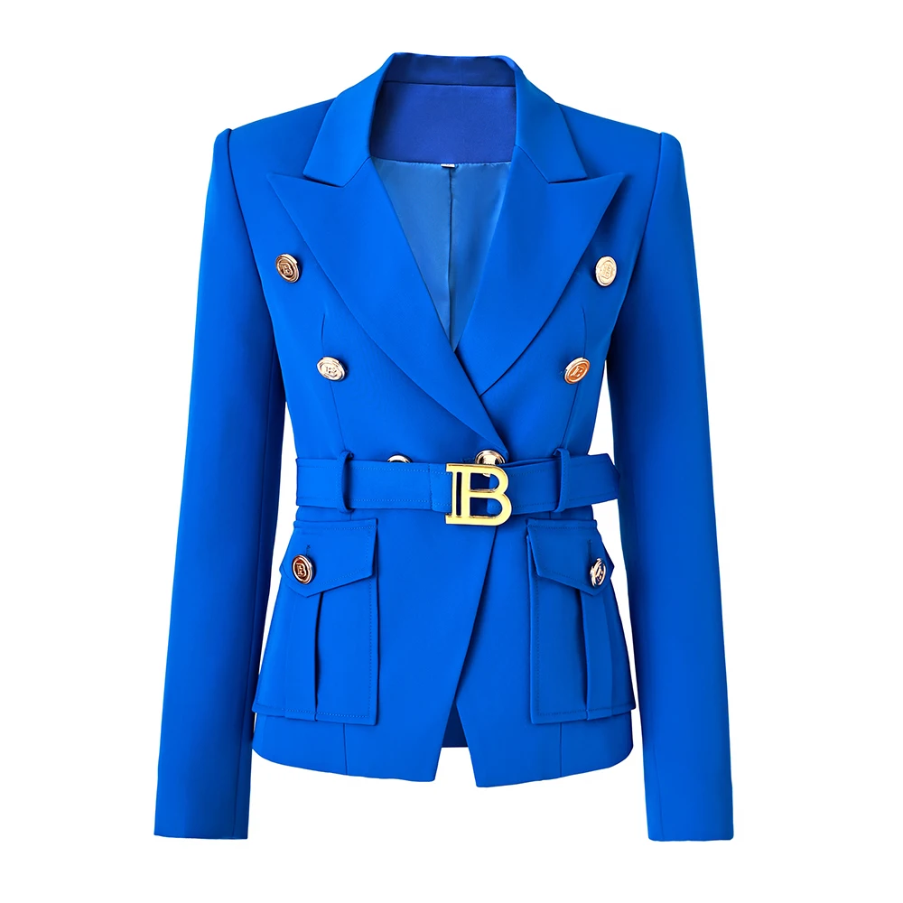 Double-breasted Solid Color Long Sleeve Office Lady Business Slim Pocket Blazer With Belt