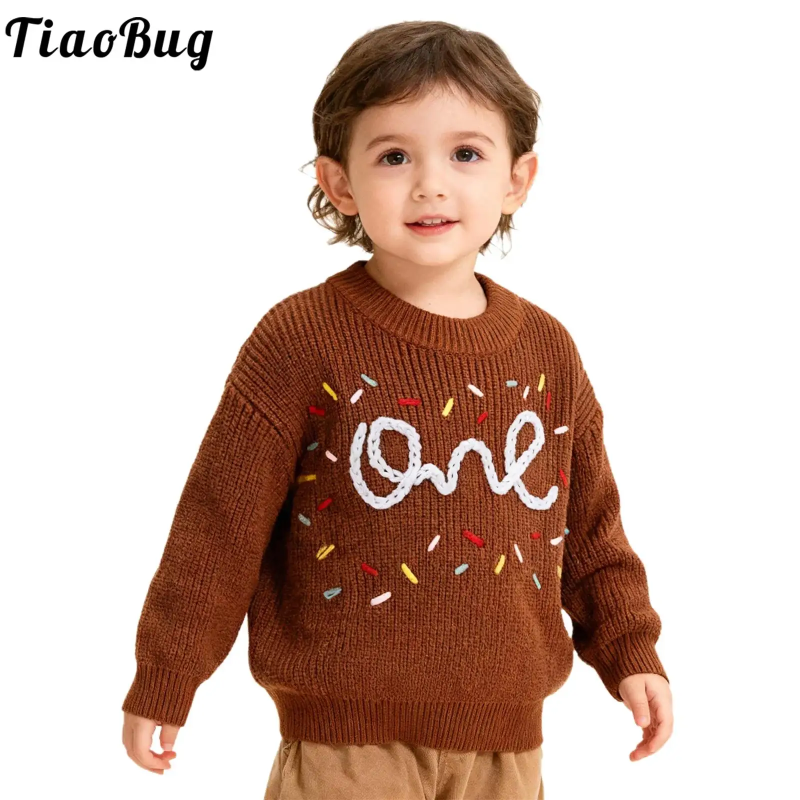 سترة عيد الميلاد الأولى للأطفال البنات والأولاد لخريف وشتاء كاجوال بأكمام طويلة مطرزة بحروف بلوفر محبوك ملابس للأطفال الصغار