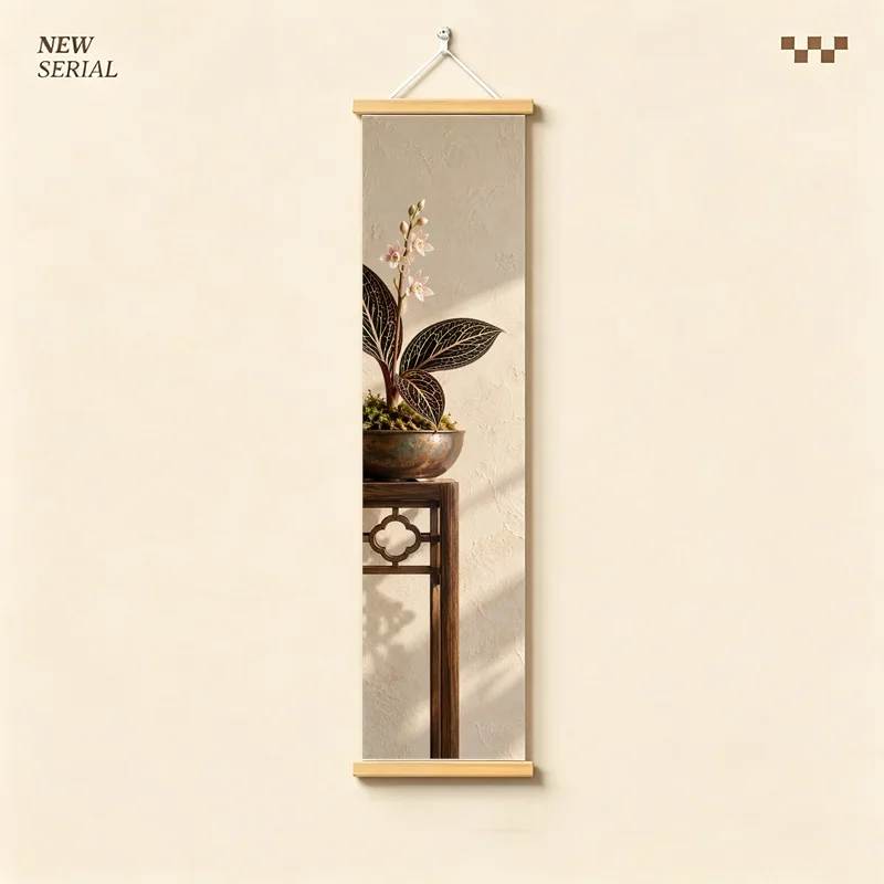 Wall Art Variegated Orchid and Cattleya Orchid, Calm Wabi-Sabi Silver Shimmer Canvas Hanging Scroll for Peaceful Spa Room