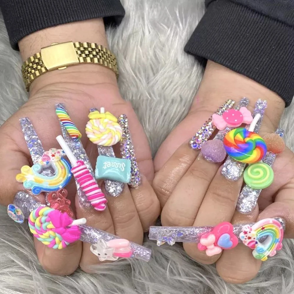

30pcs Multi-Shapes Resin Nail Art Cham 3D Kawaii Luxury Designer Rhinestone Jewelry Decoration Cute Candy/Lollipop Nail Supplies