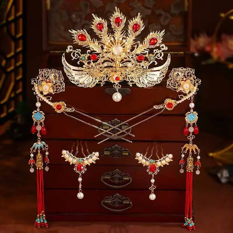 

Chinese Hanfu Hair Accessories Set - Phoenix Crown with Red Gem & Tassel Earrings, Traditional Bridal Hairpiece for Women