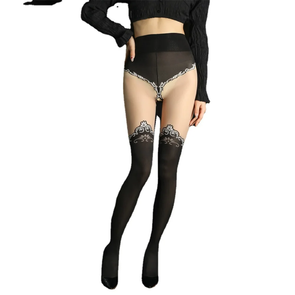 Retro Jacquard Open Crotch Tights Women Sexy Transparent High Waist Pantyhose Cuban Heel Back Seam Fake Thigh High Stockings