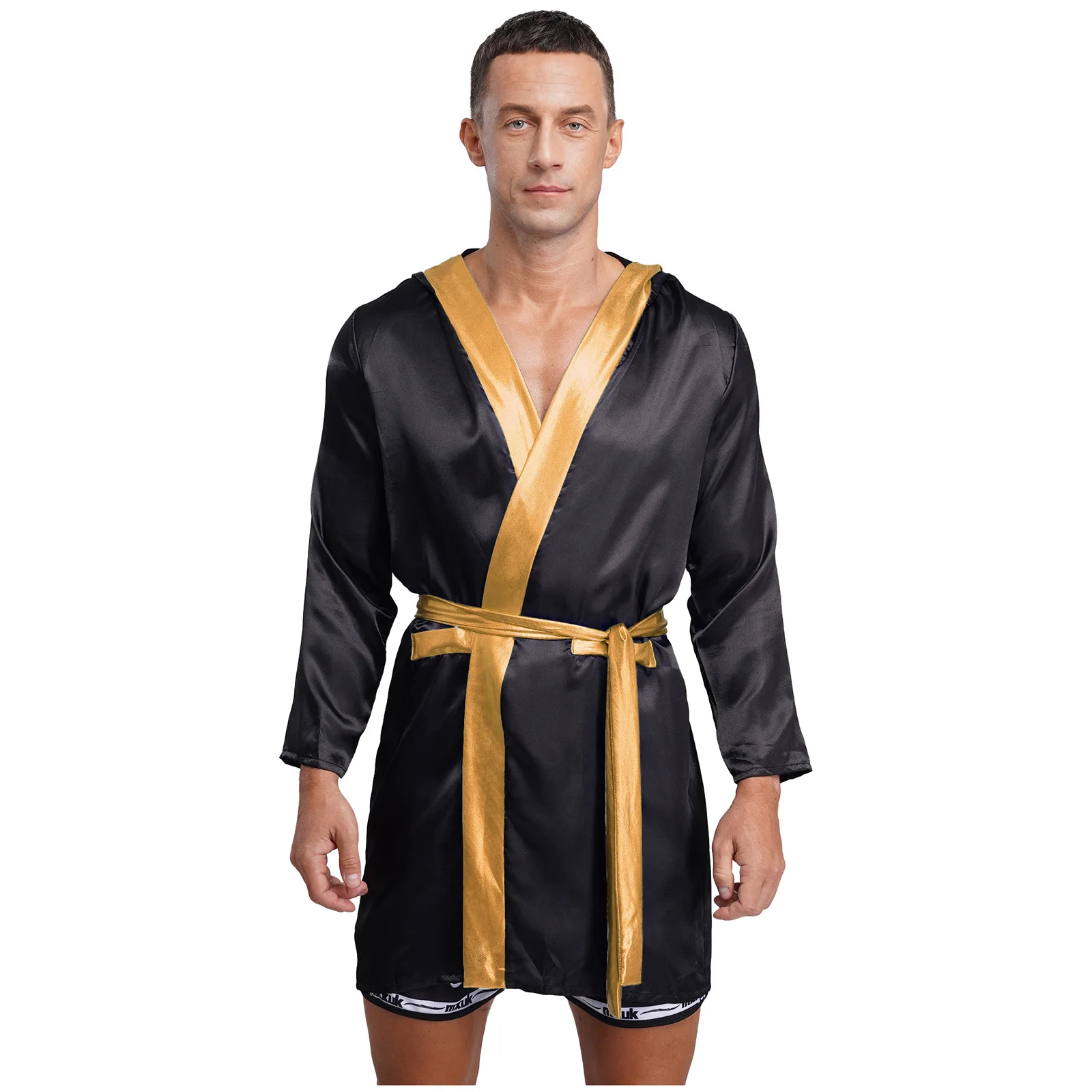

Mens Luxury Boxing Attire Long Sleeve Shiny Hooded Cloak with Belt Boxer Warrior Cosplay Costume for Halloween Party Events