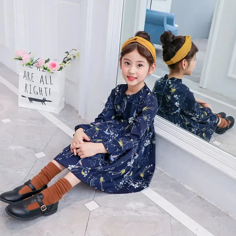 Girl Summer Dress Elegant Floral Long Sleeve Girls Vestidos for 3 4 5 6 7 8 Years Blue White Enfant es Flower Korean