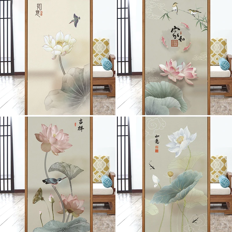 

Lotus Self-adhesive Stickers Chinese Landscape Static Sticker Home Office Frosted Films Decorative Window Glass Stickers