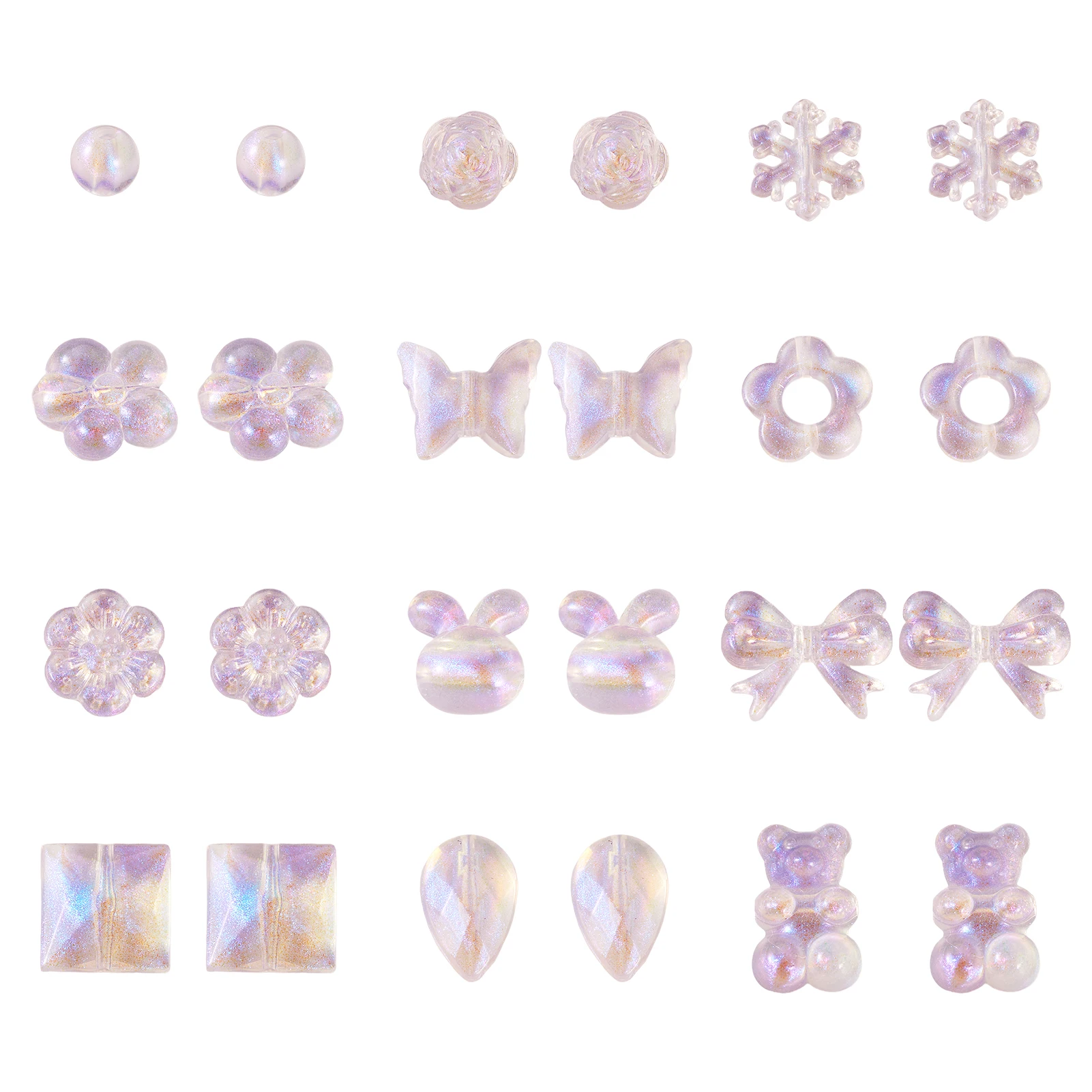 120Pcs Glitter Powder Clear Acrylic Bear Snowflake Bowknot Loose Beads DIY Bracelet Earrings Jewelry Accessories