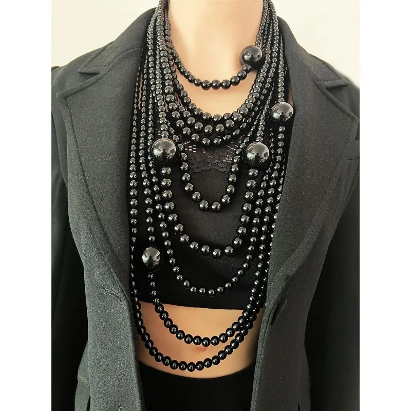 Übertriebene mehrschichtige Imitation Perle Halsband Halskette Frauen Luxus Lange Quaste Anhänger Pullover Kette Braut Mi Schmuck – Detail 4