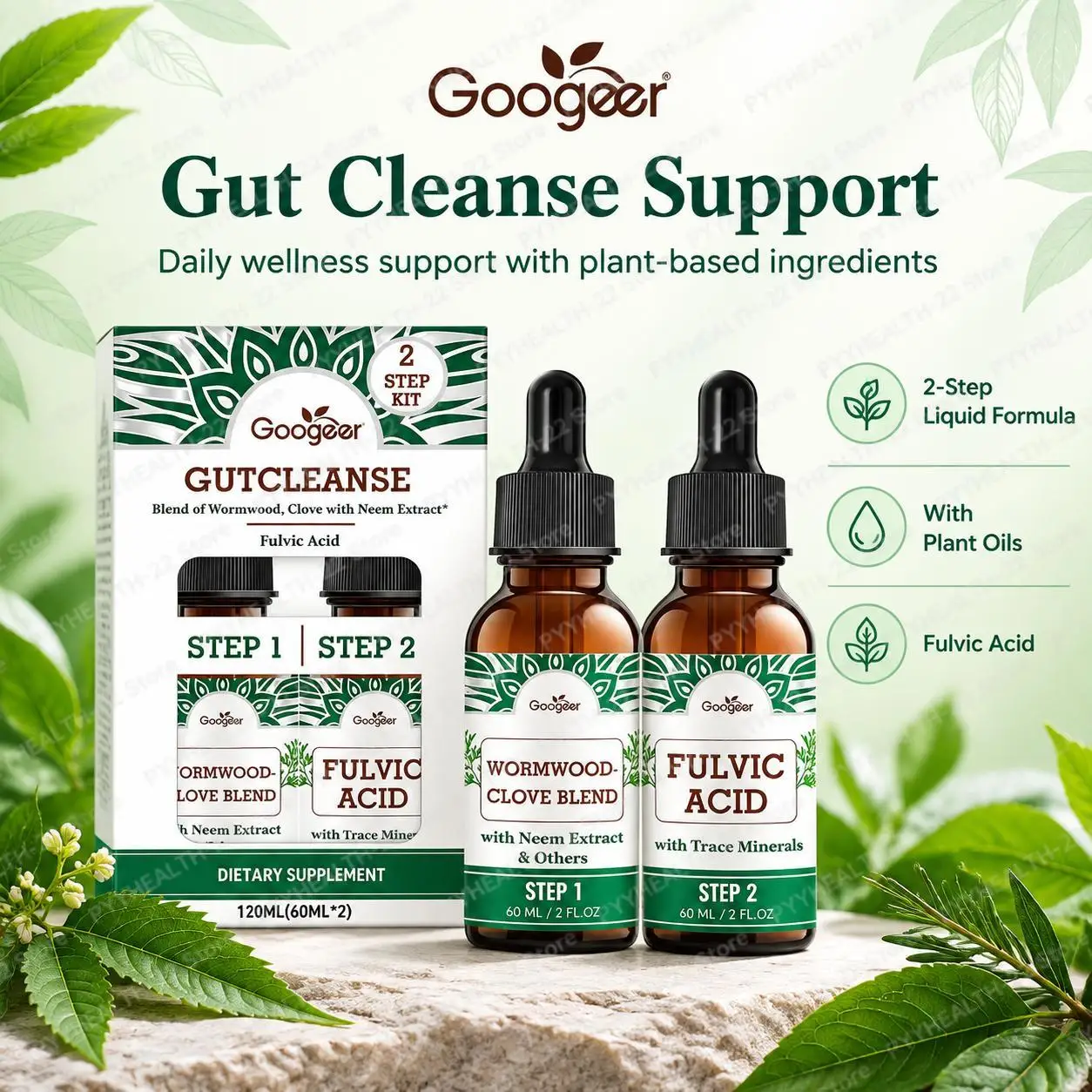 Gut Wellness Liquid Drops 2-Step Kit with Wormwood, Clove & Fulvic Acid, Supports Intestinal Comfort & Healthy Digestive, 120ml