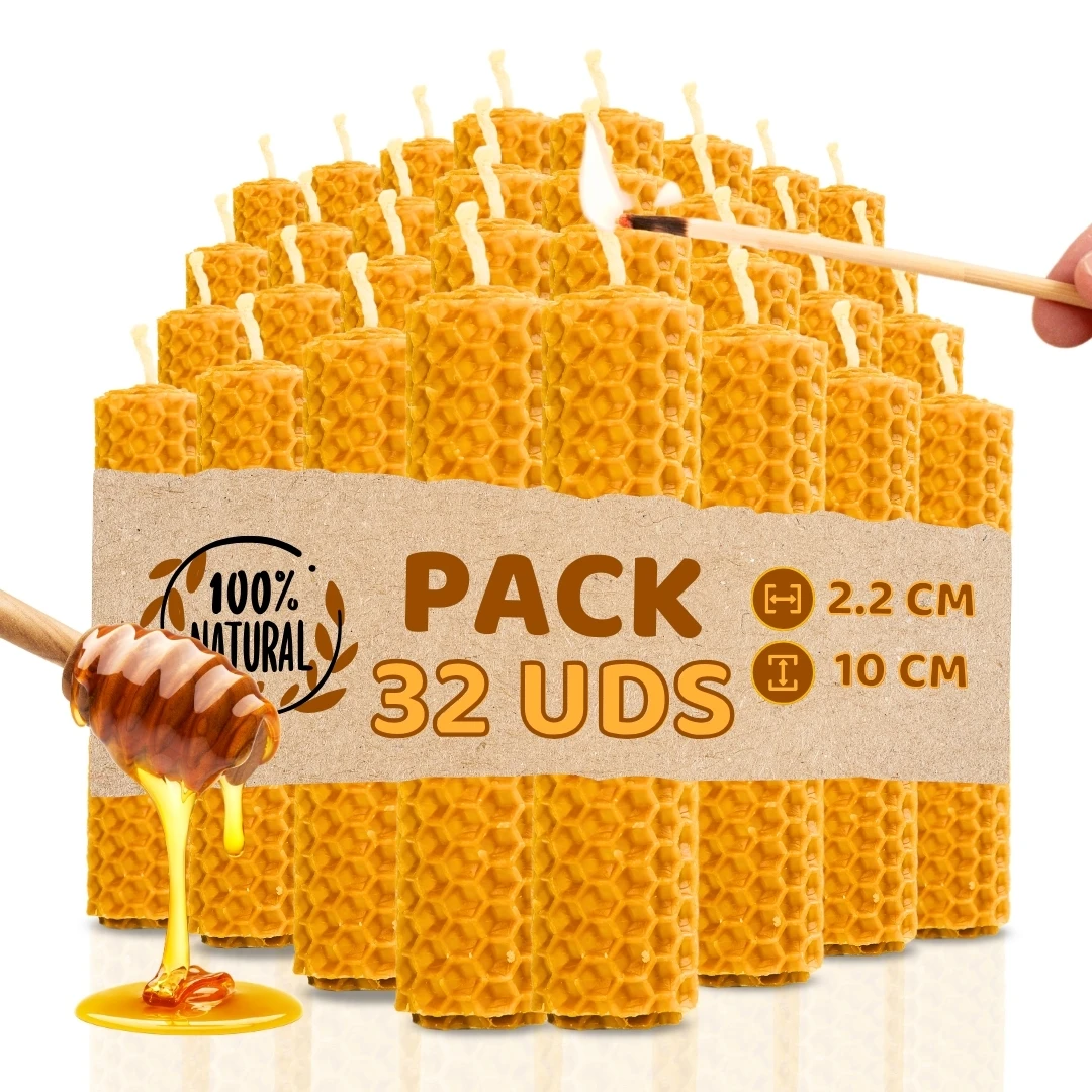 Pack de 32 Velas de Miel de Abeja para Rituales 100% Natural - DECEVI - Hechas a Mano - Origen España - SIN PARAFINA - Velas 10 cm x 2,2 cm - Enciende la Magia de la Luz Suave y Cálida