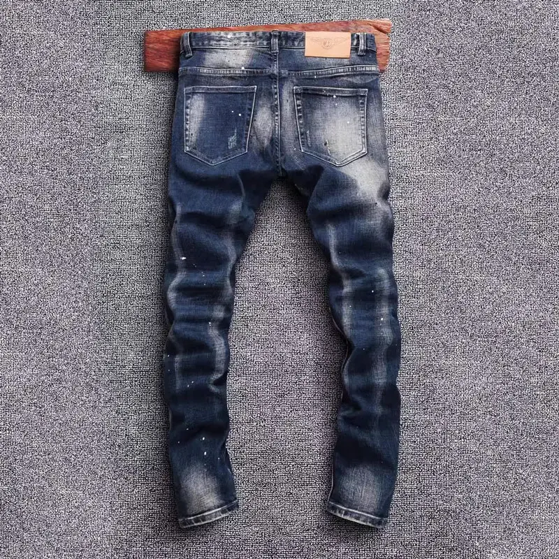 High Street Fashion Men Jeans Retro Dark Blue Stretch Slim Fit Hole Ripped Jeans Men Patched Designer Vintage Denim Pants Hombre