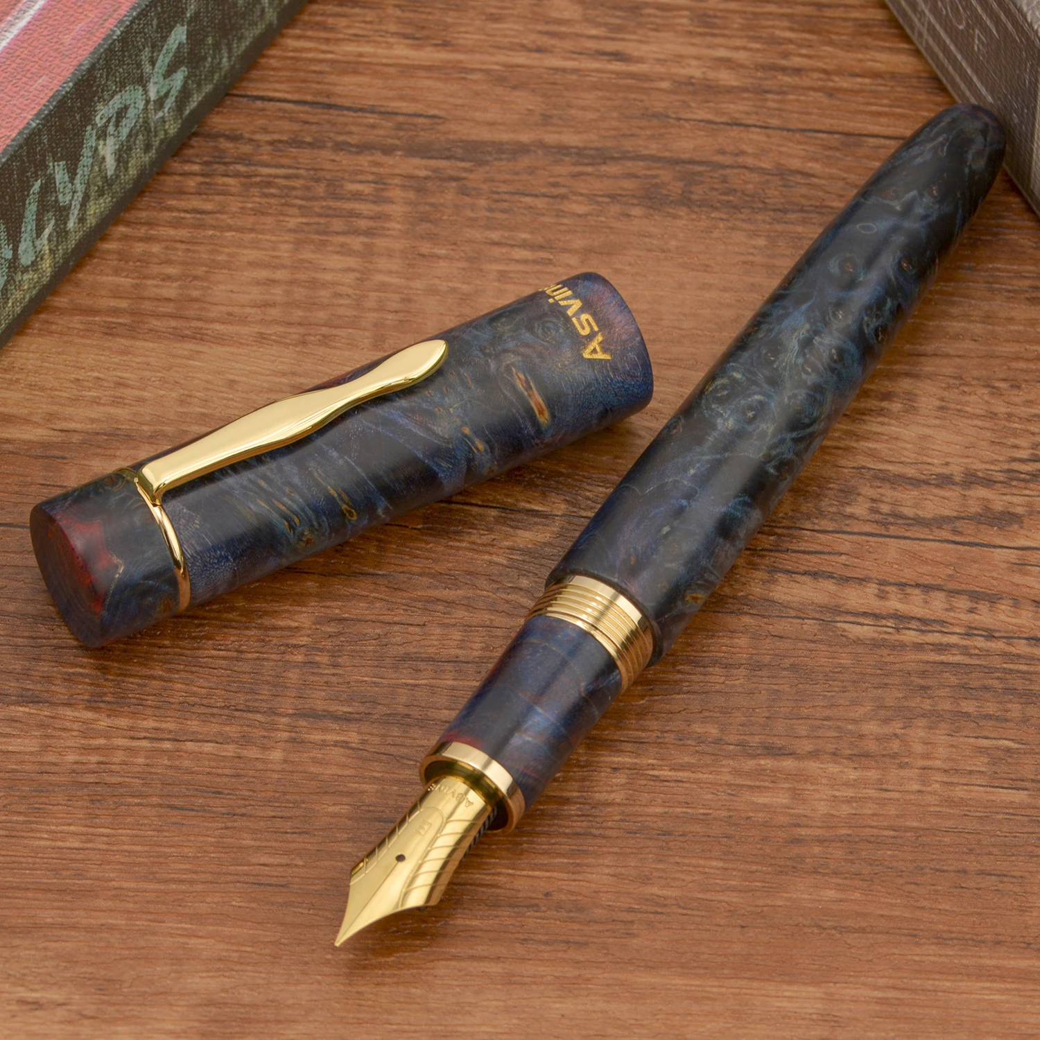 قلم حبر Asvine C2000 مصنوع من الخشب المستقر رقم 8 EF/F/M/Stub 1.1 بنك الاستثمار القومي، قلم كتابة يدوي كبير الحجم باللون الأزرق الداكن والأحمر #1