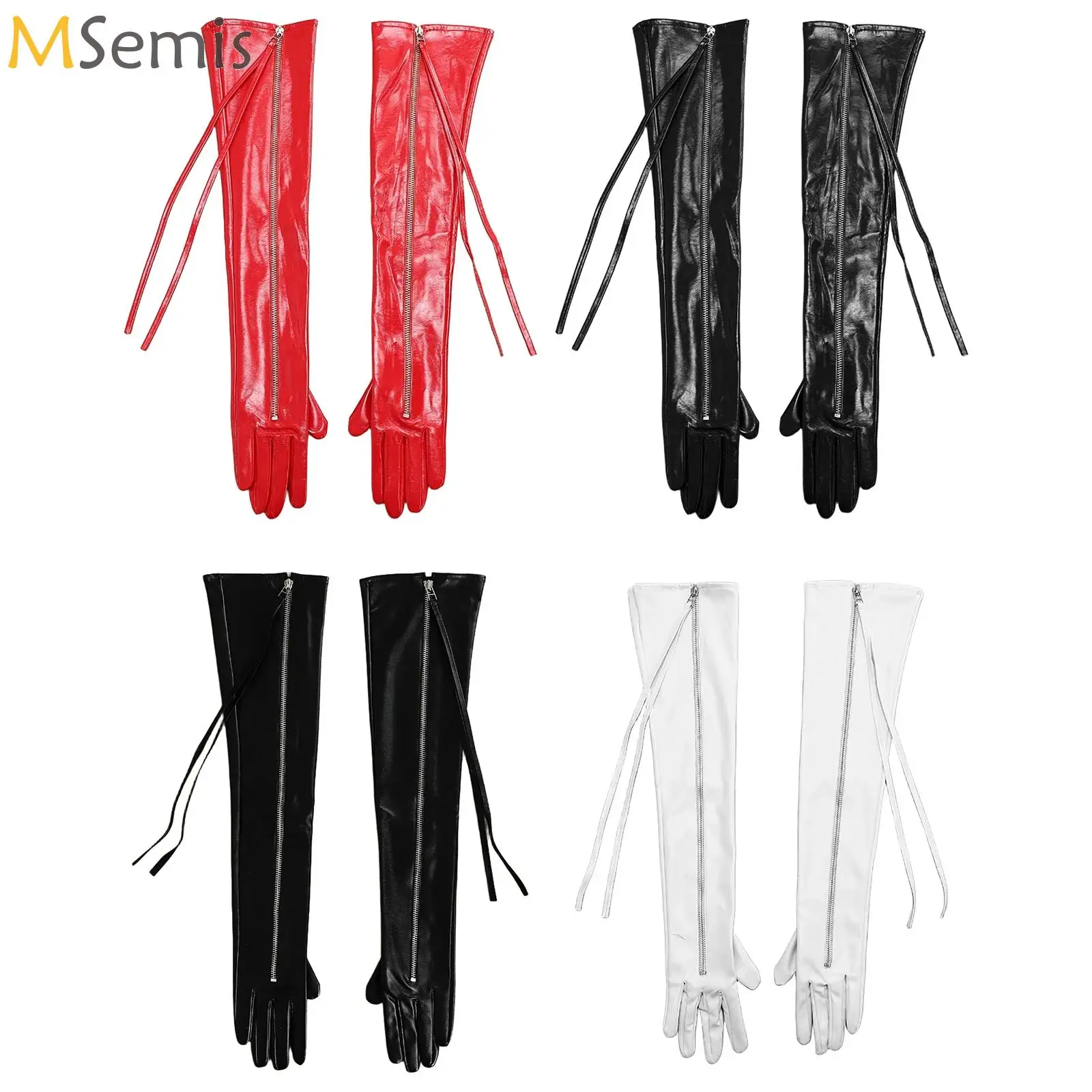 

Women Extended Faux Leather Zipper Tassels Design Full Fingers Gloves Costume Accessory for Photography Nightclub Shows 1Pair