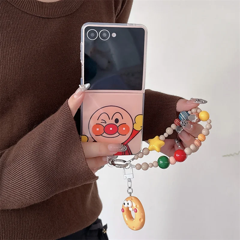 

Japanese Cartoon Phone Case For Samsung Galaxy Z FliP 7 6 5 4 3 ZFlip6 ZFlip7 Cover with Hand Chain Cute Protective Cases