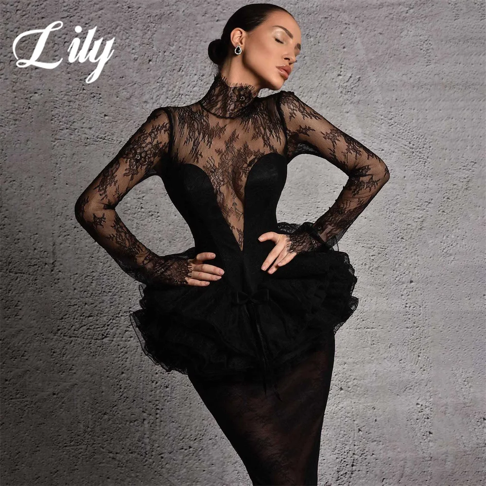 Lily Black Woman Evening Dress High Mermaid Lace Prom Dresses Sexy Pleats Regular Sleeve Night Dresses Gown with Pleats 프롬 드레스