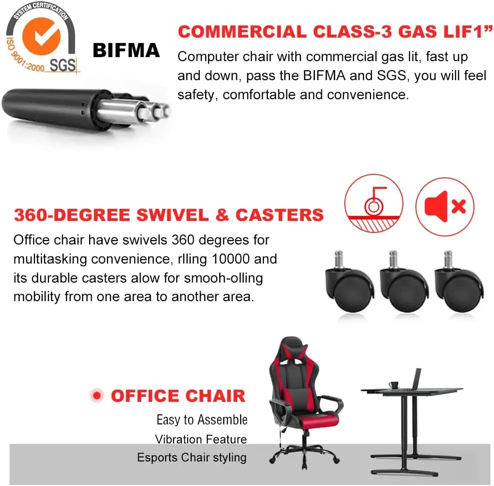 

Pc Gaming Chair Office Chair Racing Desk Chair With Lumbar Support Arms Headrest Massage High Back Pu Leather Ergonomic