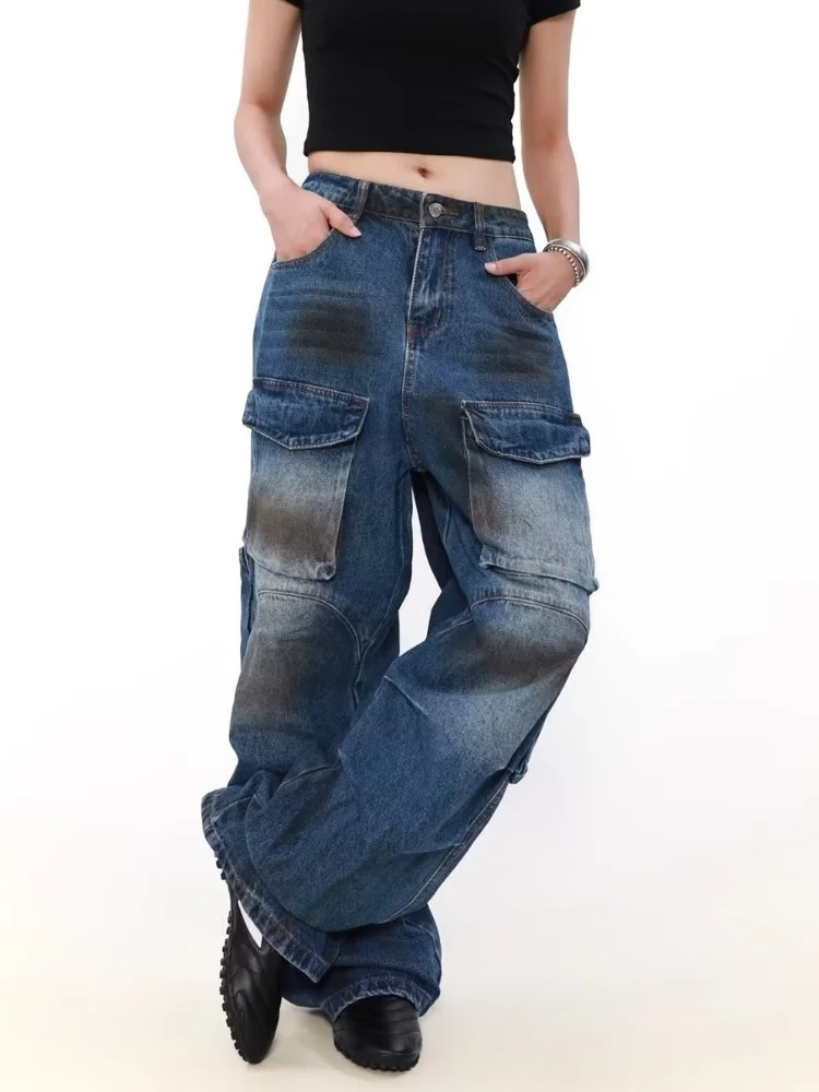 Baggy Jeans Y2K Heavy Industry Cargo Jeans Women Vintage Oversize Pocket Wide Leg Streetwear Denim Pants Trousers Aesthetic