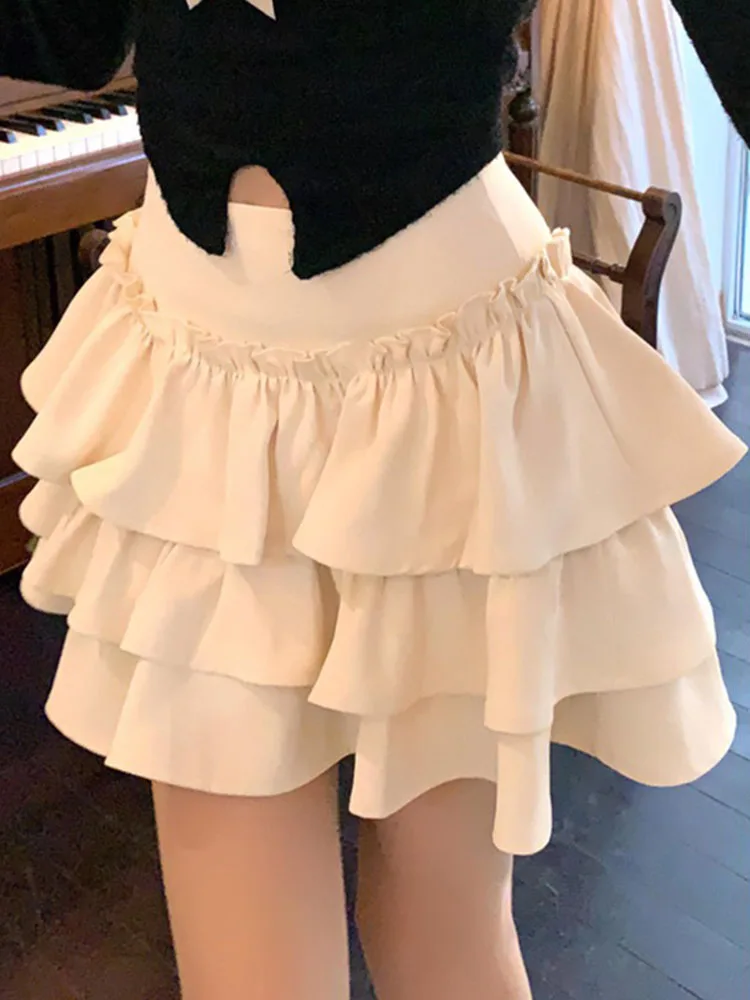 Sweet Lace Trim A-Line Short Skirt Women's Summer 2024 High Waist Pleated Fluffy Blouse Style Half-length Skirt for Teen Girls