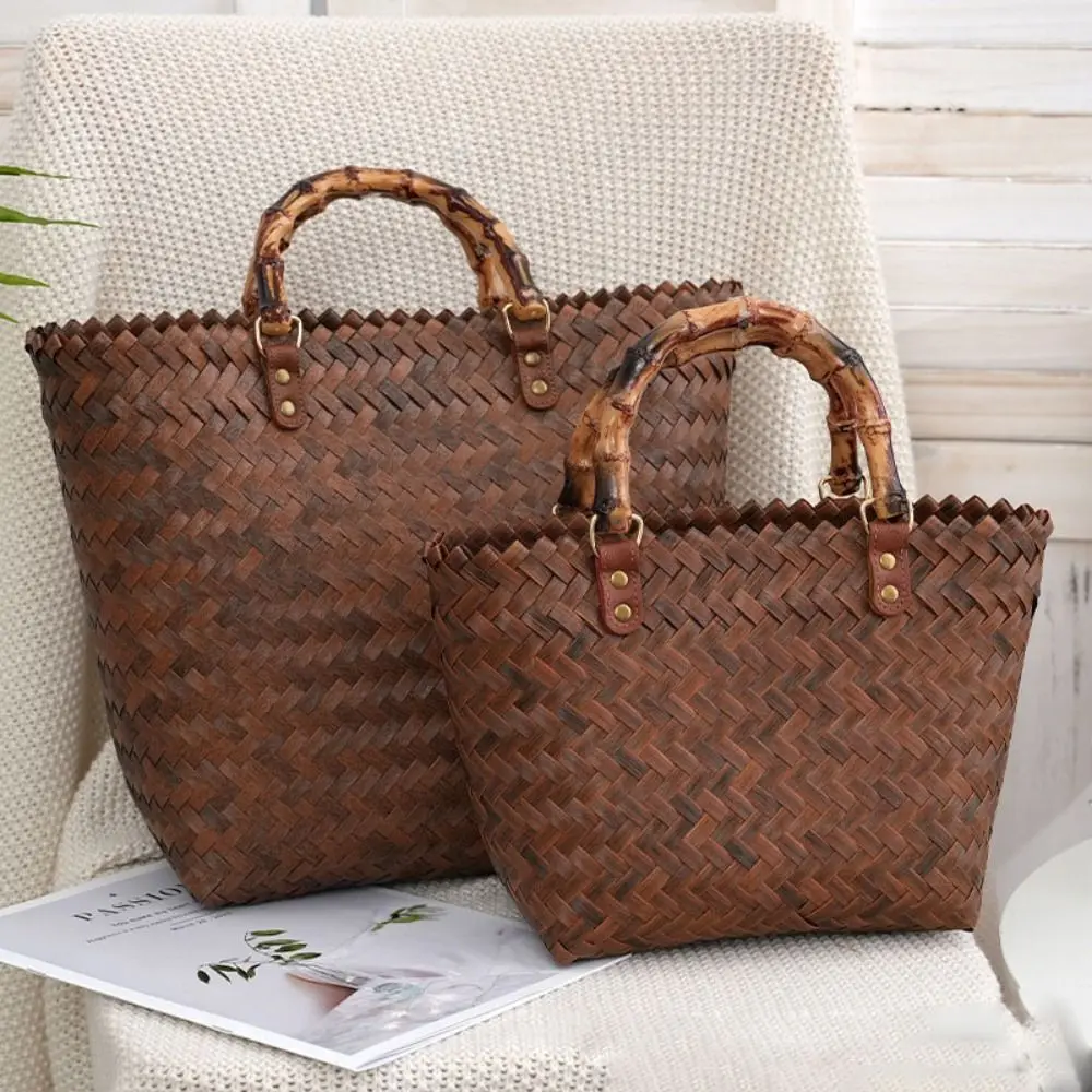 Women Woven Large Capacity Bamboo Handle Handbags Crochet Bag Casual Female Shopping Tote Bags Vacation Beach Bag