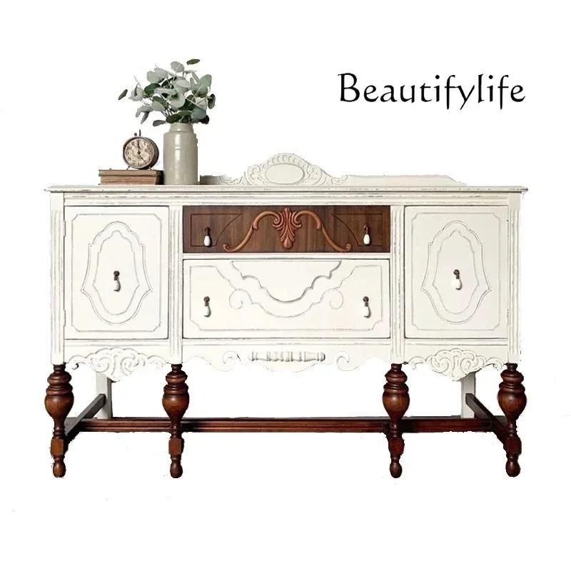 X40 French Retro Old Dining Side Cabinet Solid Wood Carving Flower Foyer Porch Cabinet Corridor Wall Locker