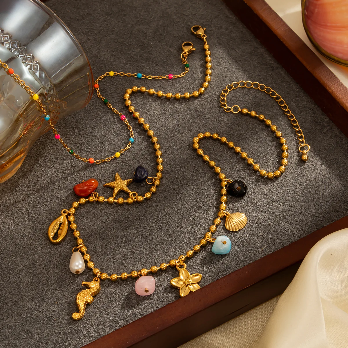 Stainless Steel Starfish Faux Pearl Necklace Ocean Style Double Layer Colorful Beaded Choker for Women Daily Wear Necklaces