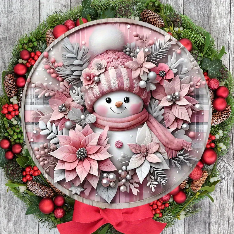 Rosa Weihnachts-Schneemann-Holzschild, 2D-Relief-Effekt aus rosa Weihnachtskranz-Schild für Haustür, Wandbehang, Dekor, ideal – Detail 3