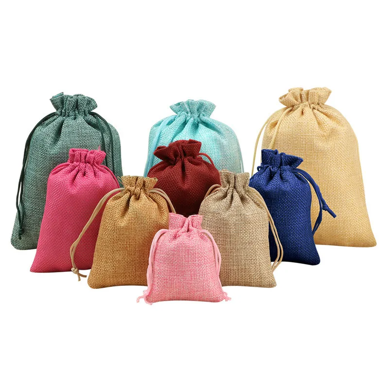 Bolsa de arpillera Natural, bolsas de regalo de yute, embalaje de joyería de varios tamaños, bolsas de arpillera Diy para boda, bolsa con cordón de tela de cáñamo compuesta, 1 Uds.