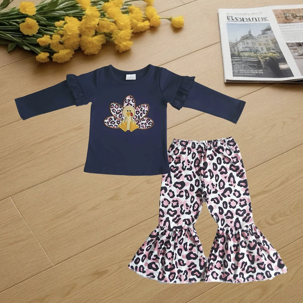 

9.26 Kids Winter Clothes For Girls Baby girls navy thanksgiving turkey shirt leopard pants clothes