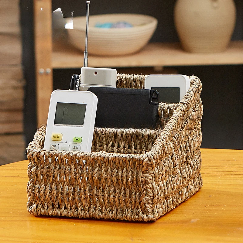 Grass woven desktop storage box, mobile phone remote control storage