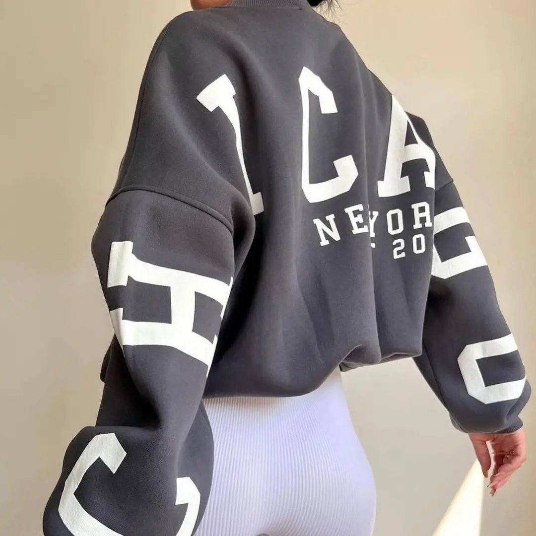Women's Y2K Loose Pullover Sweatshirts Letter Print Casual Thickened Long Sleeve Tops Autumn Hoodie Streetwear