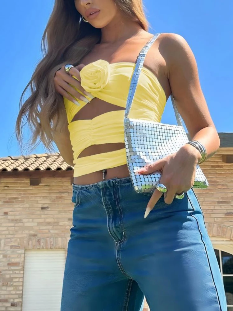 Summer Beach Rose Decoration Halter Top, Hollow Out Fitted Short Vacation Shirt, Stylish Women's Casual Wear for Summer
