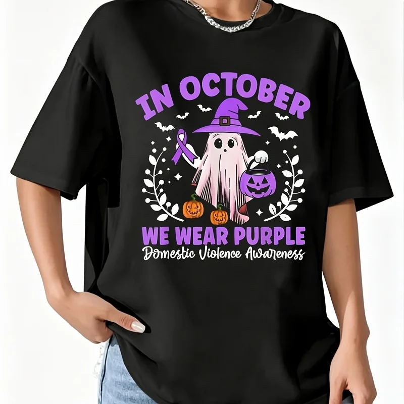 In October We Wear Purple Design Ribbon Women's T-Shirt 100% Cotton Fun Print Short Sleeve Top Casual Round Neck Tee S-5Xl