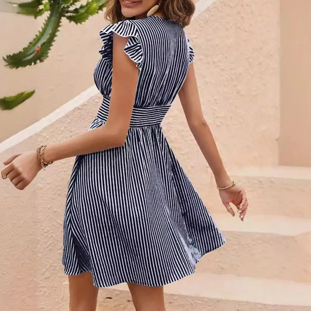 

Women A-line Dress Elegant Striped Print V Neck Mini Dress with Ruffle Hem for Women Summer A-line Dress with Elastic for Dating