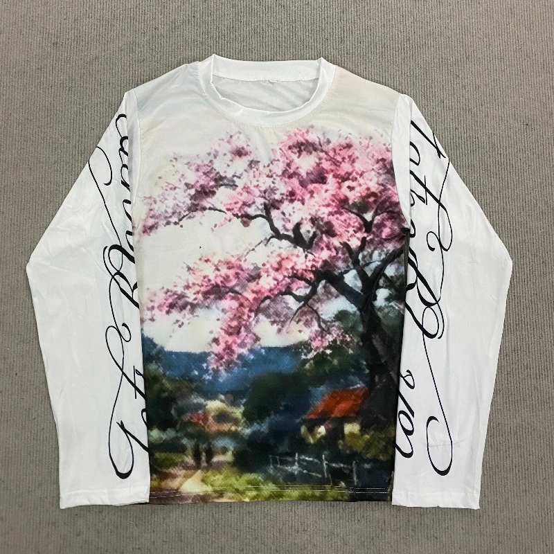 2026 Y2K Women Long‑Sleeve T‑Shirt Cherry Blossom Landscape Oil Painting Print  Slim‑Fit Casual Streetwear Tops