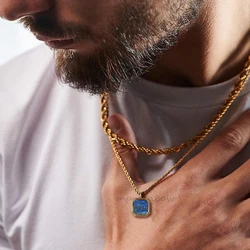 Royal Square Shaped Men Necklace, Tiger's Eye Stone Pendant,Lapis Lazuli Stone Pendants.Stainless Steel Roman Pendant Necklaces