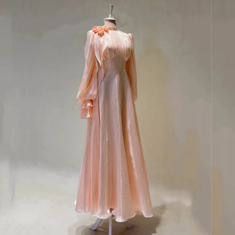 

Customized Grace Pleat Flowers Long Sleeves A-line Long Dresses Formal Evening Dress Bespoke Occasion Elegant Homecoming Party